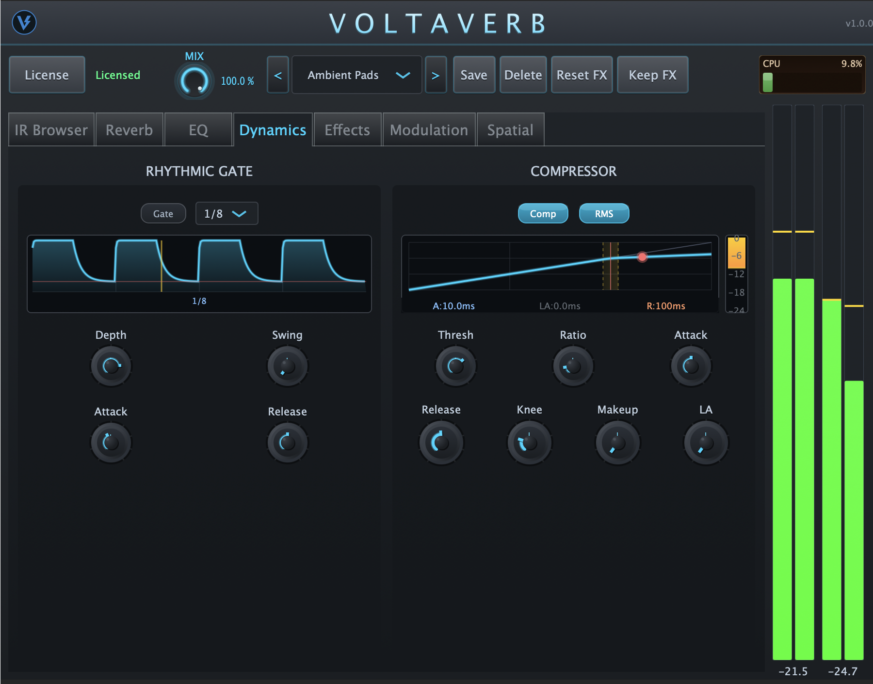 Voltaverb Dynamics panel — tempo-synced rhythmic gate and compressor